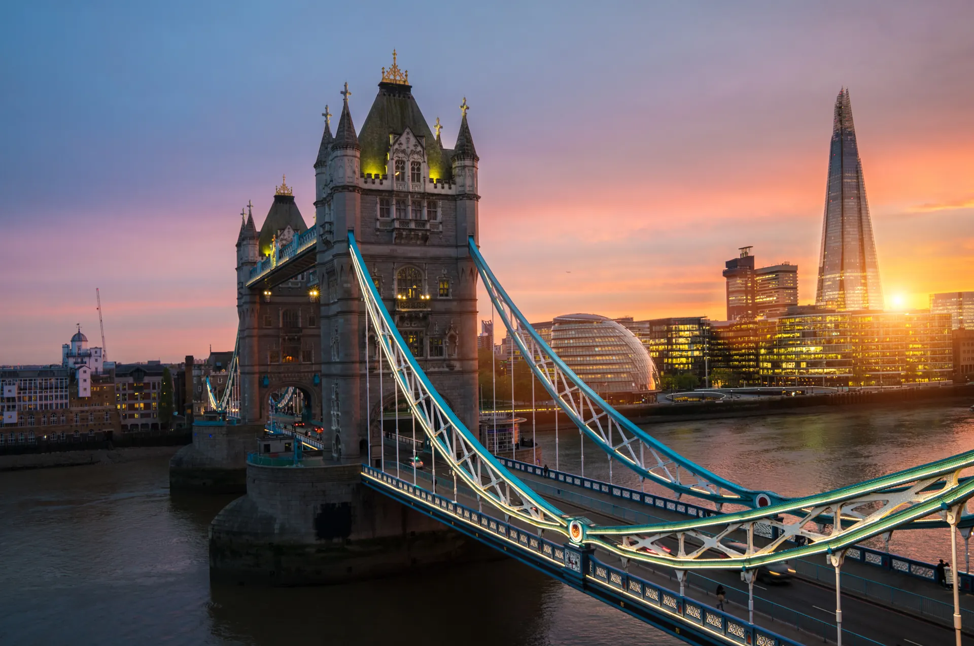 Tower Bridge and The Shard on the London skyline at sunset